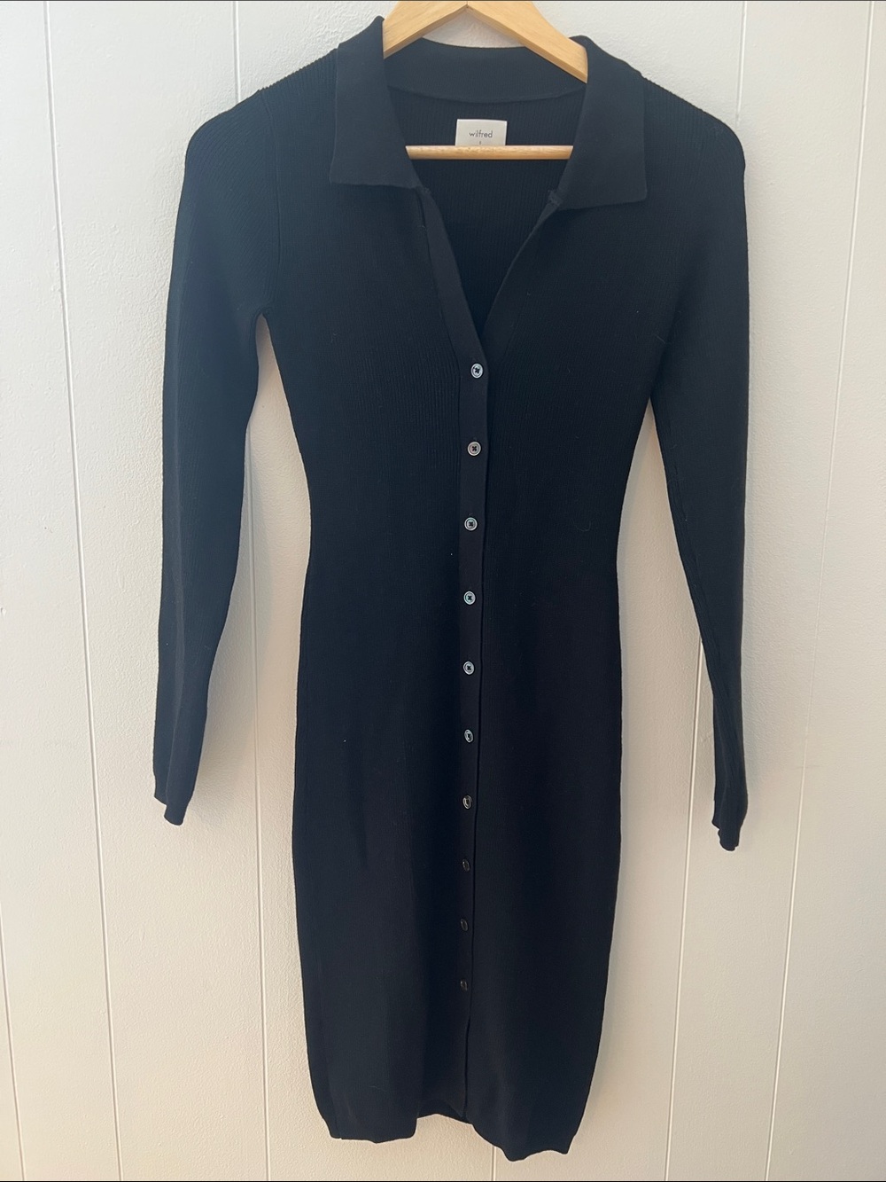 Wilfred Black Collared Ribbed Button-Front Long Sleeve Dress